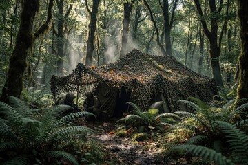 Obraz premium Camouflaged army tent set up in dense forest. Soldiers rest near shelter, blending with nature. Military camp hidden in lush green woods, prepared for field operations.