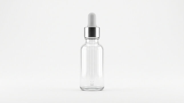 Empty glass dropper bottle with silver cap isolated on a clean white background for cosmetic branding