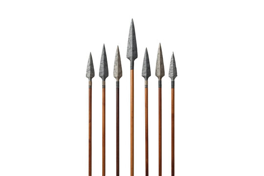 Row of Six Medieval Spears with Ornate Metal Heads