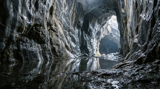 Dramatic view inside a cave with stalactites and a small stream flowing through