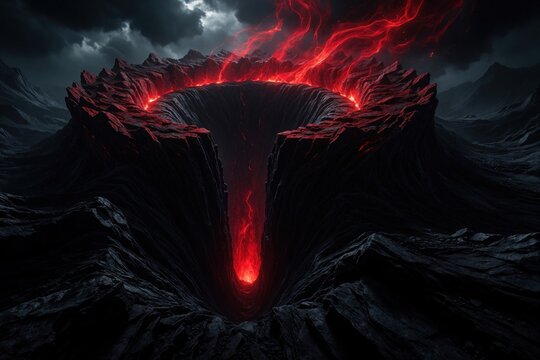 Deep fiery chasm cracks earth surface. Lava glows bright red from abyss below. Jagged rocks frame ominous abyss under dark stormy sky, volcanic threat.