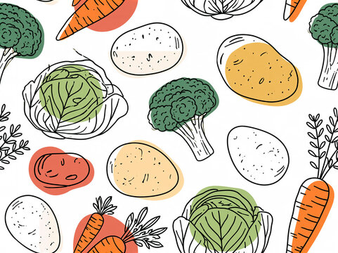 Seamless line art pattern with vegetables
