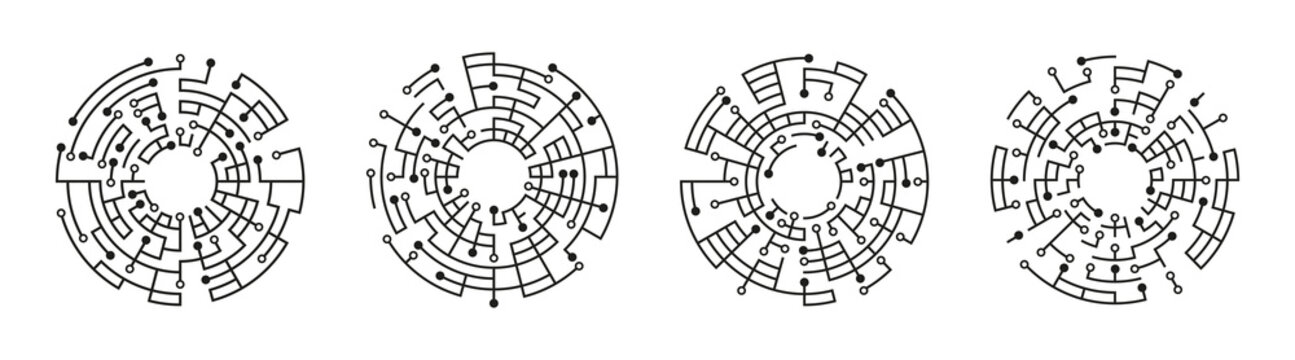 Futuristic circular circuit pattern collection with radial electronic lines and connection nodes for technology, digital networks, computing, cybersecurity and abstract technical