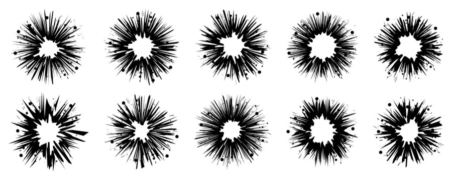 Black radial ink burst collection with sharp splashes, scattered droplets and energetic grunge shapes for posters, comics, backgrounds, labels and expressive