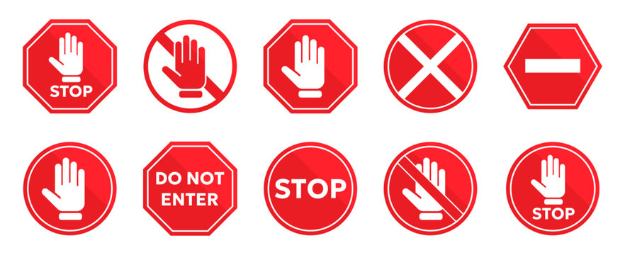 Red stop and prohibition sign collection with hand symbols, warning marks and restricted access messages for safety, traffic, security and hazard communication