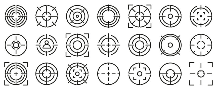 Target and crosshair outline icon collection with circular aiming symbols, focus marks and reticles for accuracy, navigation, interfaces, games and targeting