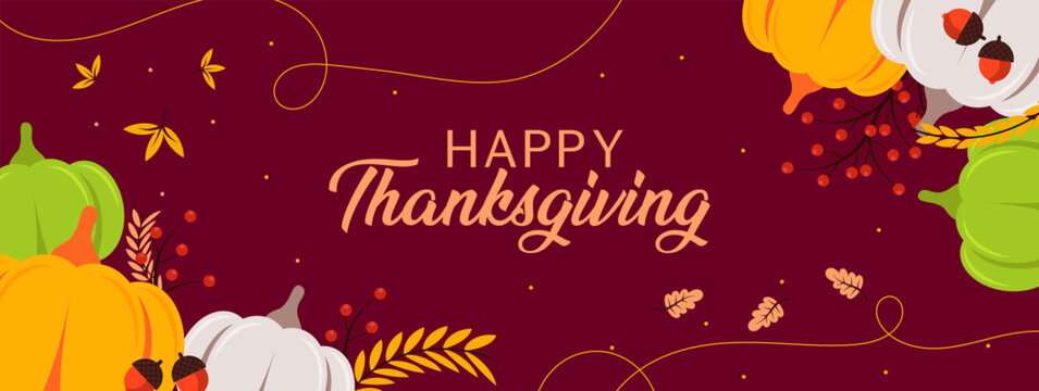 Happy Thanksgiving greeting banner with colorful pumpkins, autumn leaves, berries and acorns on dark background for holiday invitations, seasonal promotions and celebration
