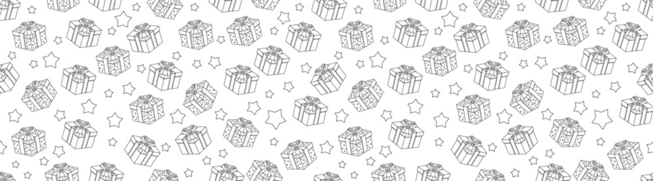 Seamless gift box pattern with hand drawn presents, ribbons, bows and stars for birthdays, holidays, celebrations, wrapping paper, packaging and festive backgrounds