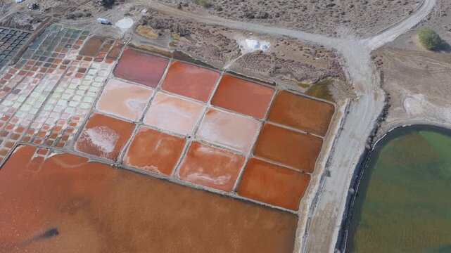 Aerial view of salt evaporation ponds in Qurayyat, Oman.