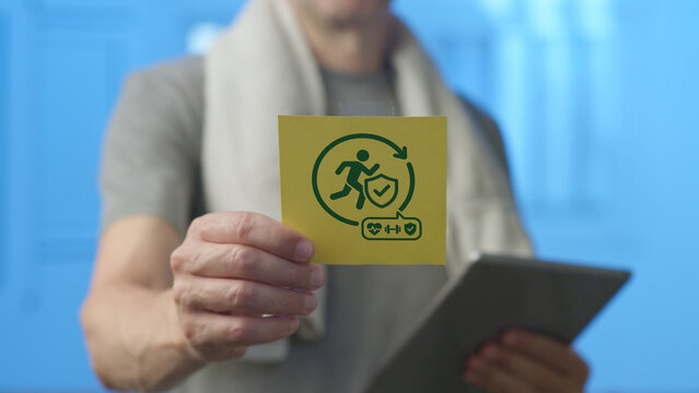 Man holding a yellow sticky note with an active lifestyle icon, shield, and health data symbols, representing concepts of health insurance, fitness tracking, and personal well being