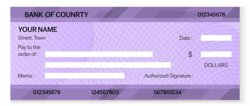 Purple bank check template with payment fields, signature area, security line pattern and financial details for banking, accounting, payment and business document