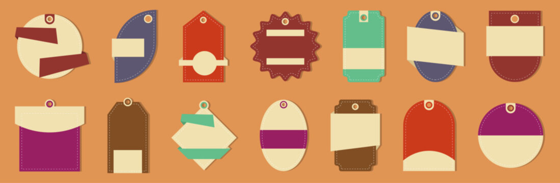 Colorful blank price tag and product label collection with stitched borders and hanging holes for retail, shopping, sales, packaging, promotions and merchandise