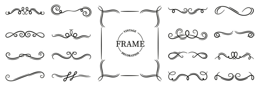 Elegant decorative flourish collection with curved ornamental lines, swirls and vintage frame elements for invitations, certificates, cards, menus, branding