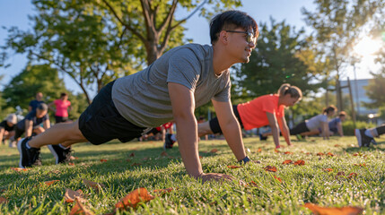 Fototapeta premium Wide view of a crowded outdoor boot camp class in a city park at early morning, groups doing burpees on dewy grass, group fitness session, community workout, personal trainer instruction, outdoor ex