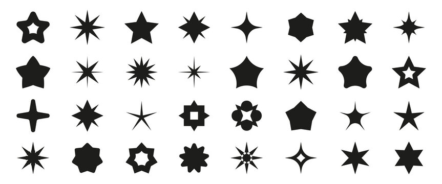 Black star and sparkle shape collection with geometric bursts, solid symbols and decorative variations for ratings, awards, space themes, highlights