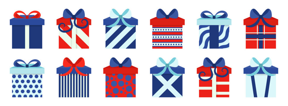 Colorful gift box collection with ribbons, bows and varied decorative patterns for birthdays, holidays, celebrations, surprises, Christmas events and festive packaging
