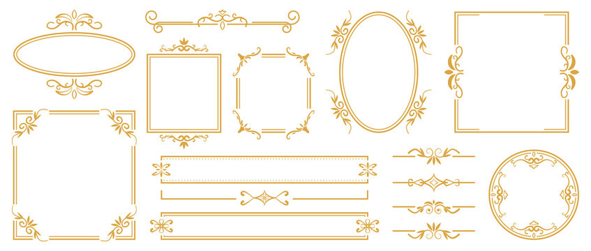 Elegant golden ornamental frame collection with floral corners, borders and decorative dividers for invitations, certificates, weddings, menus, labels and luxury stationery