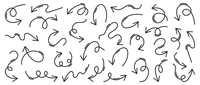 Hand drawn curved arrow collection with loops, waves and playful directional lines for navigation, highlighting, annotation, infographics, presentations