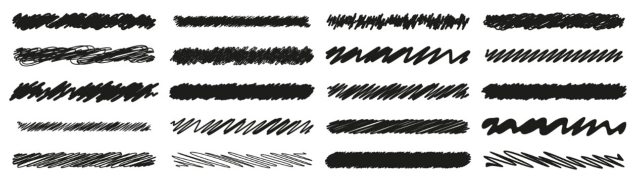 Black hand drawn scribble stroke collection with rough marker lines and shaded textures for highlighting, crossing, censoring, sketching and expressive graphic