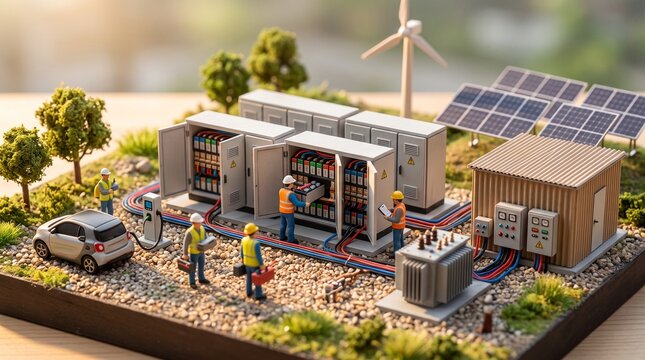 Miniature renewable energy and battery storage system model with workers.