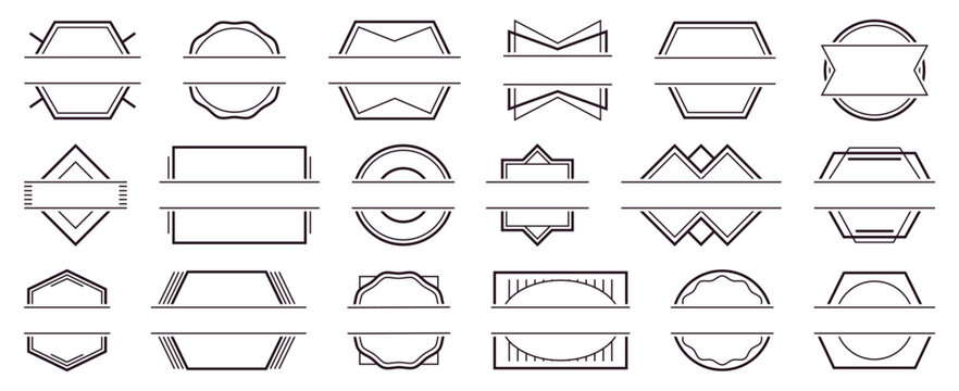 Minimal geometric badge and label frame collection with blank horizontal spaces and clean outline shapes for logos, branding, packaging, titles and decorative