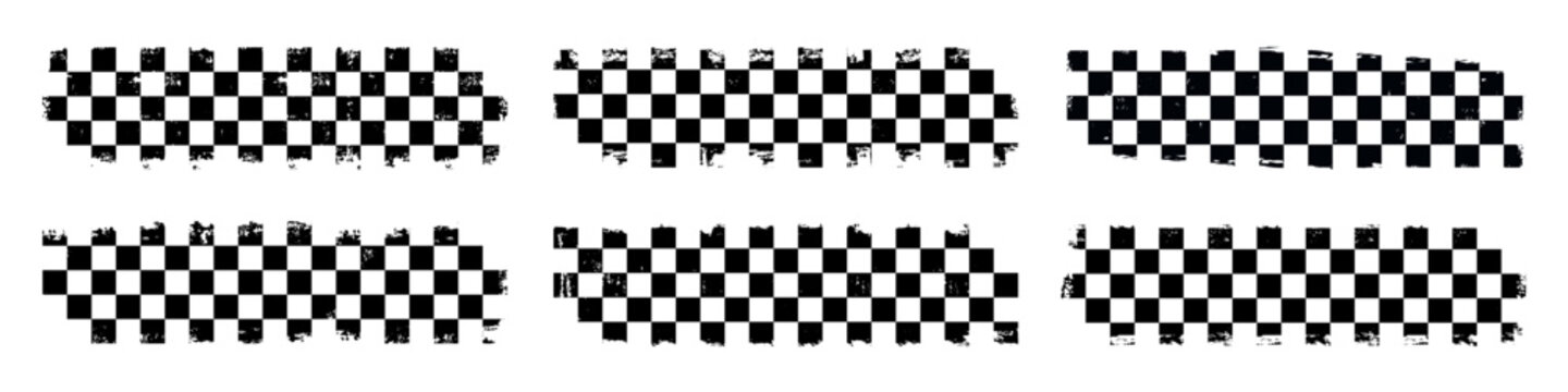 Black distressed checkerboard stripe collection with grunge texture and irregular edges for racing graphics, retro backgrounds, banners, borders and decorative