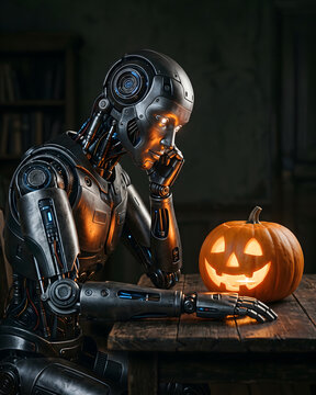 A robot looking thoughtfully at a Halloween pumpkin carved with a smiling face.