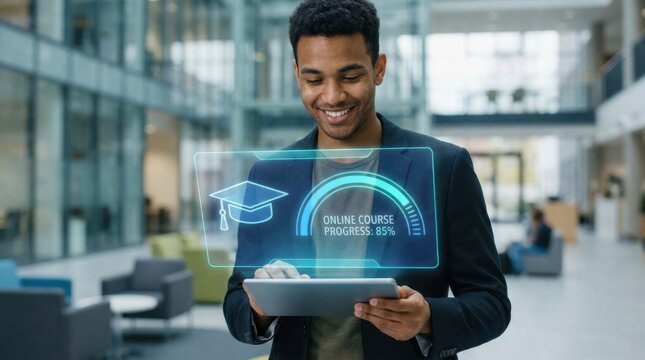 Young man checking online course progress using digital holographic interface tap.