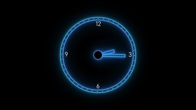 Blue neon clock animation displays numbers and dial hands on black. Modern digital timekeeping guides this blue neon clock. Precise chronological schedules run the neon clock.