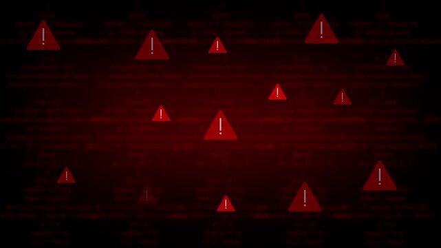 Red warning exclamation animation scatters across blurred code on dark. Urgent system danger alerts trigger this warning exclamation. Critical cybersecurity hazard notifications use this mark.