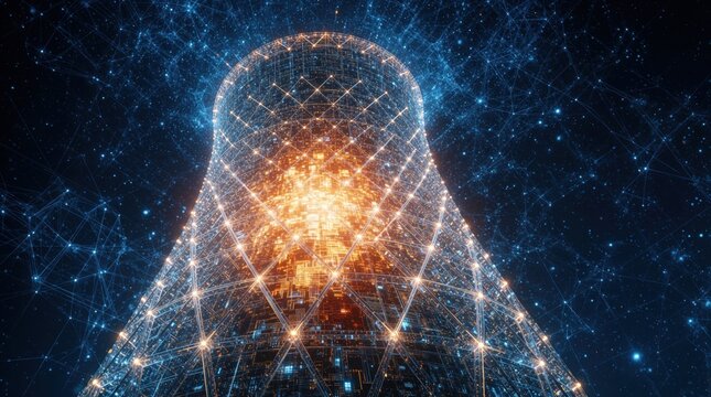 Digital cooling tower with glowing data streams. Network connections form abstract structure. Futuristic concept of energy generation and information transfer. Global power grid connectivity.