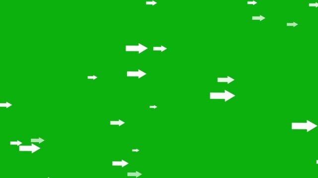 White arrows animation glides smoothly to the right on a green plane. Forward directional movement guides these active white arrows. Modern user interface navigation routes with the arrows.