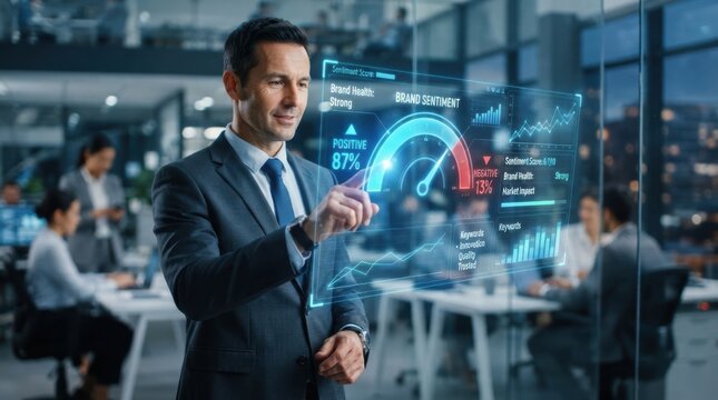 Executive checking brand sentiment score on interactive digital glass interface UI.