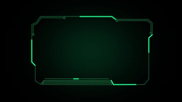 Green neon HUD frame animation displays sleek cyber border vectors. High tech telemetry screen panels outline this neon HUD frame. Modern user interface display overlays use the HUD frame.