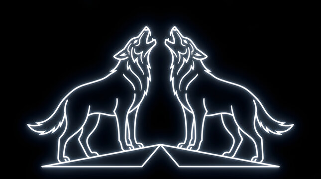 Symmetric Wolf Howling Outline Glowing White Neon Vector Art