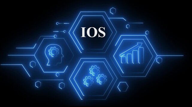 Abstract neon Hud knowledge ability business gear icon Glowing neon line concept. Glowing "IOS" button in German on a futuristic, abstract wave technology on black background. 