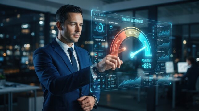 Marketing manager analyzes brand sentiment with gauge and charts on digital screen.