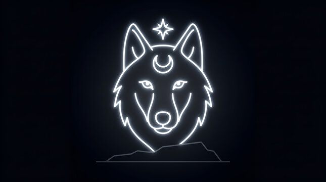 Neon Wolf Howling Outline with Moon and Star Symbol