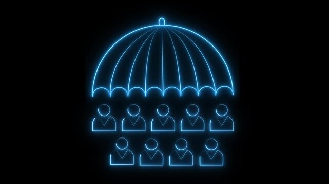 Neon blue umbrella animation shields a row of community people icons. Insurance safety protection coverage confirms with the umbrella. Personal security safeguards verify beneath this neon umbrella.