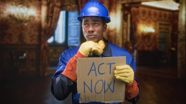 Man in blue hardhat and coverall holding cardboard sign reading act now with yellow gloves and hand to chin in ornate building interior; urgent concern.