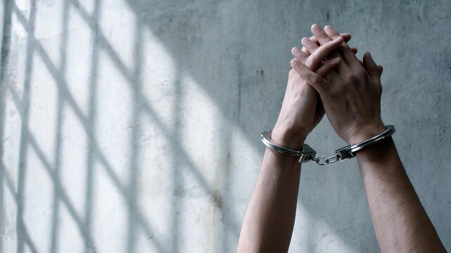 Hands in Handcuffs Against a Concrete Wall with Shadow Patterns