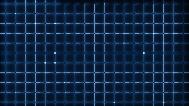 Futuristic blue grid animation moves with glowing neon mesh lines. Cyberspace matrix perspective terrain shifts along the blue grid. Modern sci-fi background graphics feature the active blue grid.