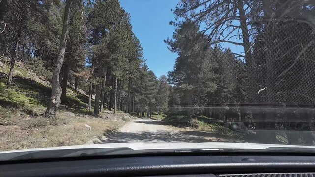 Driving a car on a bumpy road in Montgarri, Pyrenees