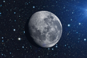 Fototapeta premium A stunning, highly detailed, three-quarter lit Moon in deep space, set against a dense field of distant stars. Elements of this image furnished by NASA