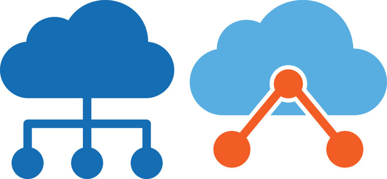 Two blue and orange cloud computing network connection flat icons