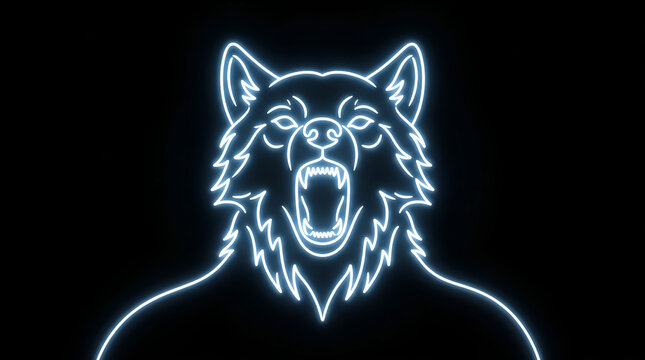 Wolf Howling Outline in Glowing Blue Neon Style