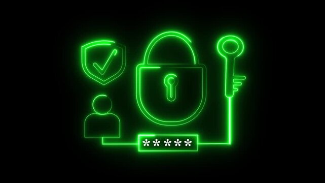 Green digital security icons animation displays locks and shields. Encrypted cyber access authorization verifies on security icons. Network data privacy protection clears with the security icons.