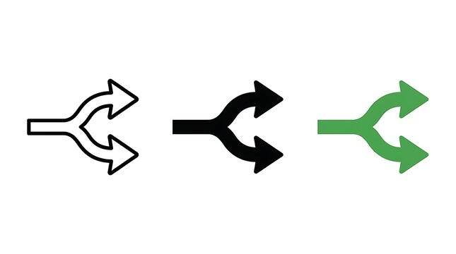 Three different styles of split arrow symbols showing a path dividing into two directions for navigation and signs design elements in simple black outline solid black and green colors