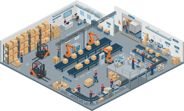  Smart factory production line layout showing workers forklifts mechanical robot arms handling packages and storage racks vector concept background
