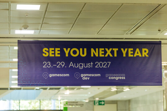 Cologne, Germany - August 26, 2026: Gamescom event banner displaying dates for next year's convention, featuring vibrant colors and clear branding for gamescom congress and gamescom dev